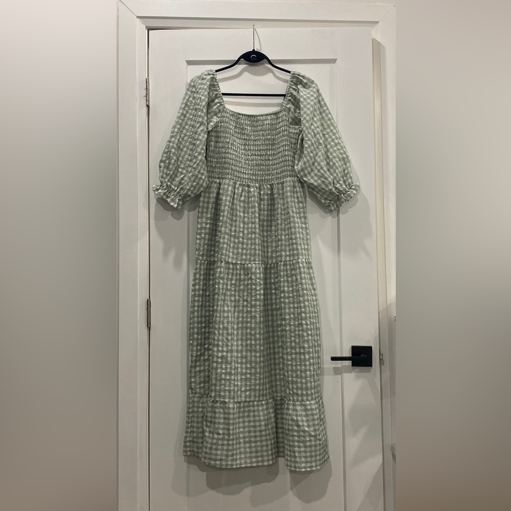 Women's Sage Green Gingham Maxi Dress with Puff Sleeves